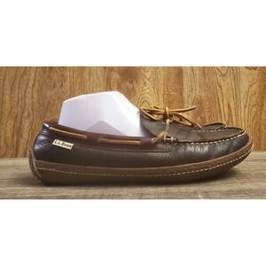 LL Bean Handsewn Moccasin Flannel Lined Slippers Mens Size 8 Brown Leather